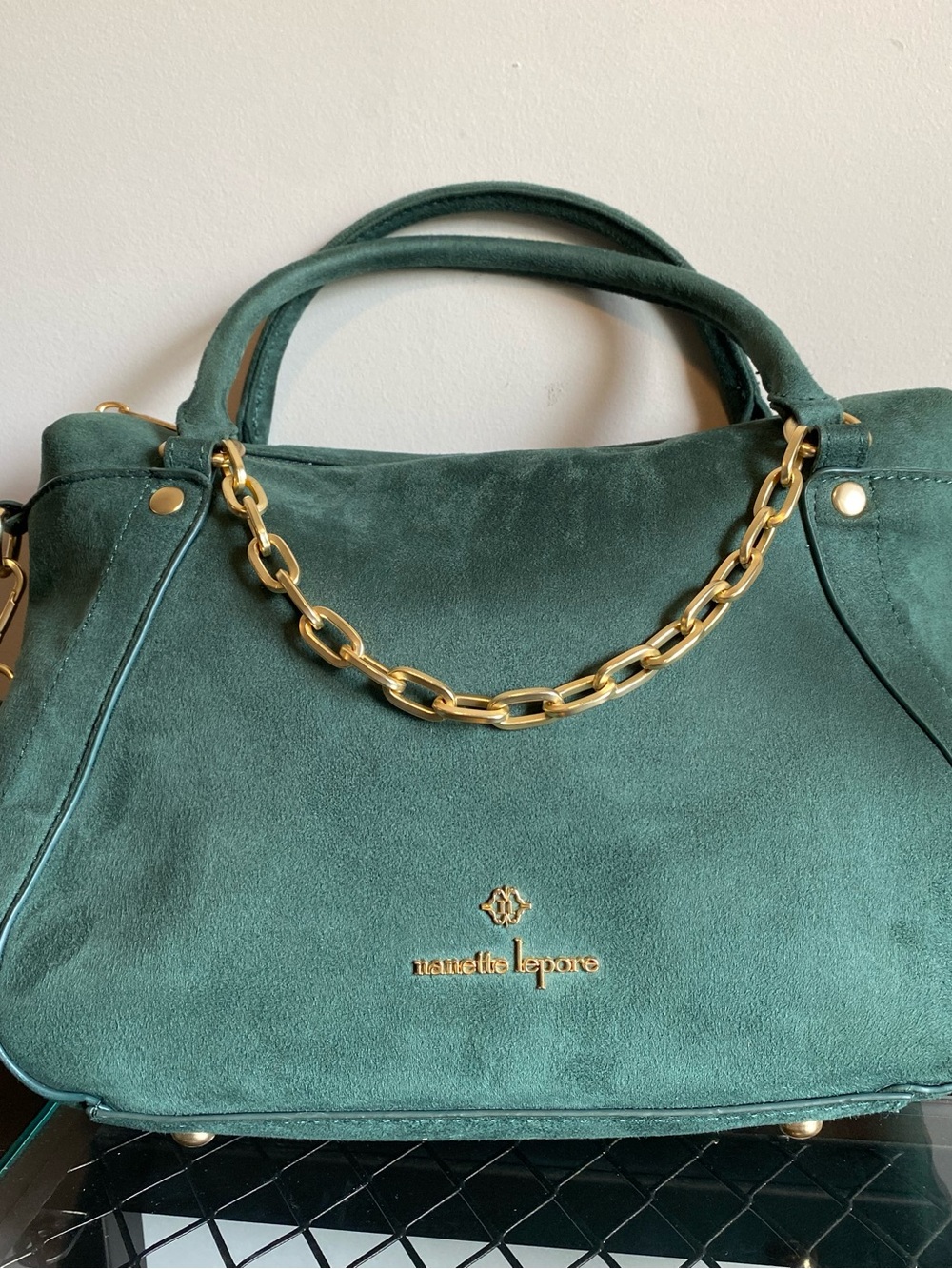 Nanette Lepore Deep Green Suede Shoulder Bag with Gold Chain